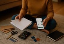 Kreditvergleich Umschuldung Kredit Umschuldung – Smartphone & zerschnittene Karten, abends