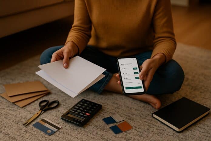 Kredit Umschuldung – Smartphone & zerschnittene Karten, abends