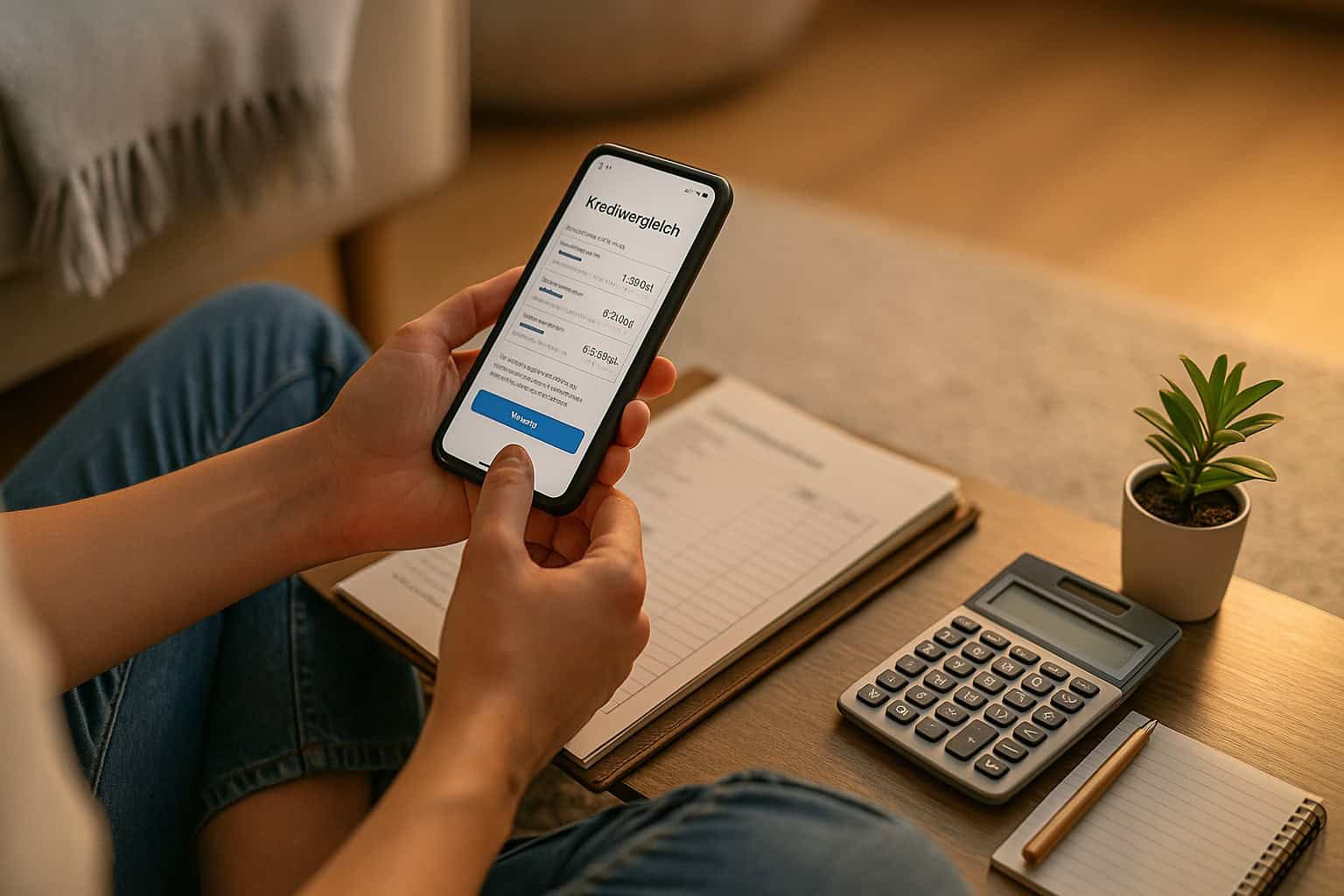 Ratenkredit vergleichen Ratenkredit vergleichen – Smartphone auf Teppich, abends