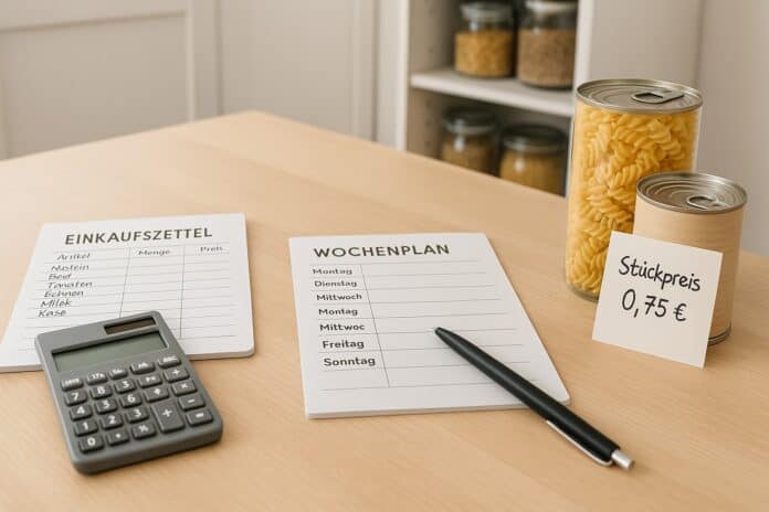 Einkaufszettel-System mit Stückpreisen und Vorratsrotation planen