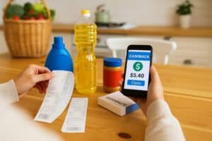 Einkauf mit Kassenbons und Smartphone – Cashback-Aktion im Alltag nutzen