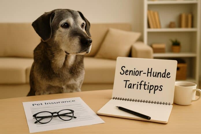 Senior-Hund mit Versicherungsunterlagen – Tariftipps entspannt planen
