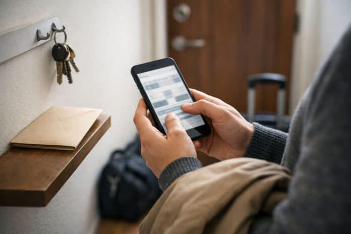 Letzter Urlaubs-Check im Flur: Budget und Buchung prüfen